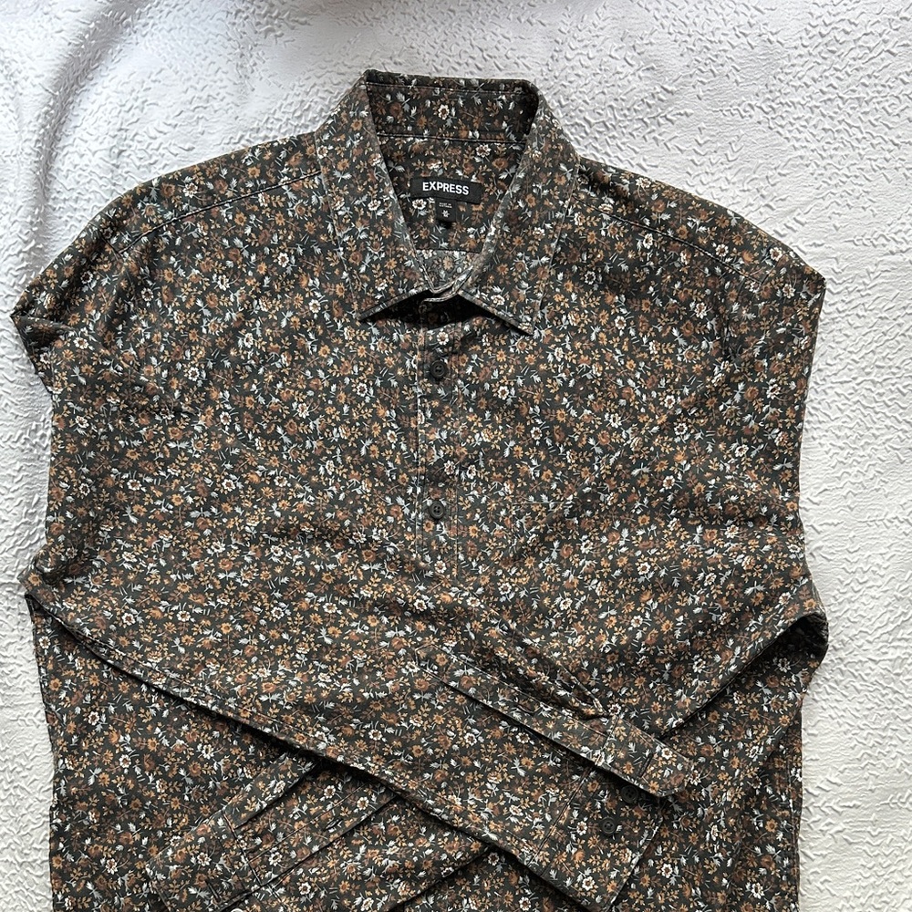 Express Men's Brown Floral Button-Down Shirt